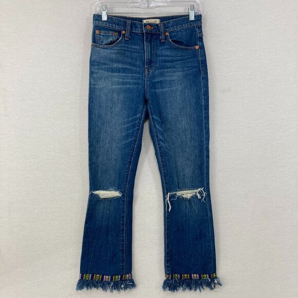 Madewell size 26 Medium Wash 10" High Riser Demi Boot Jeans Fringe Boho - Picture 1 of 11